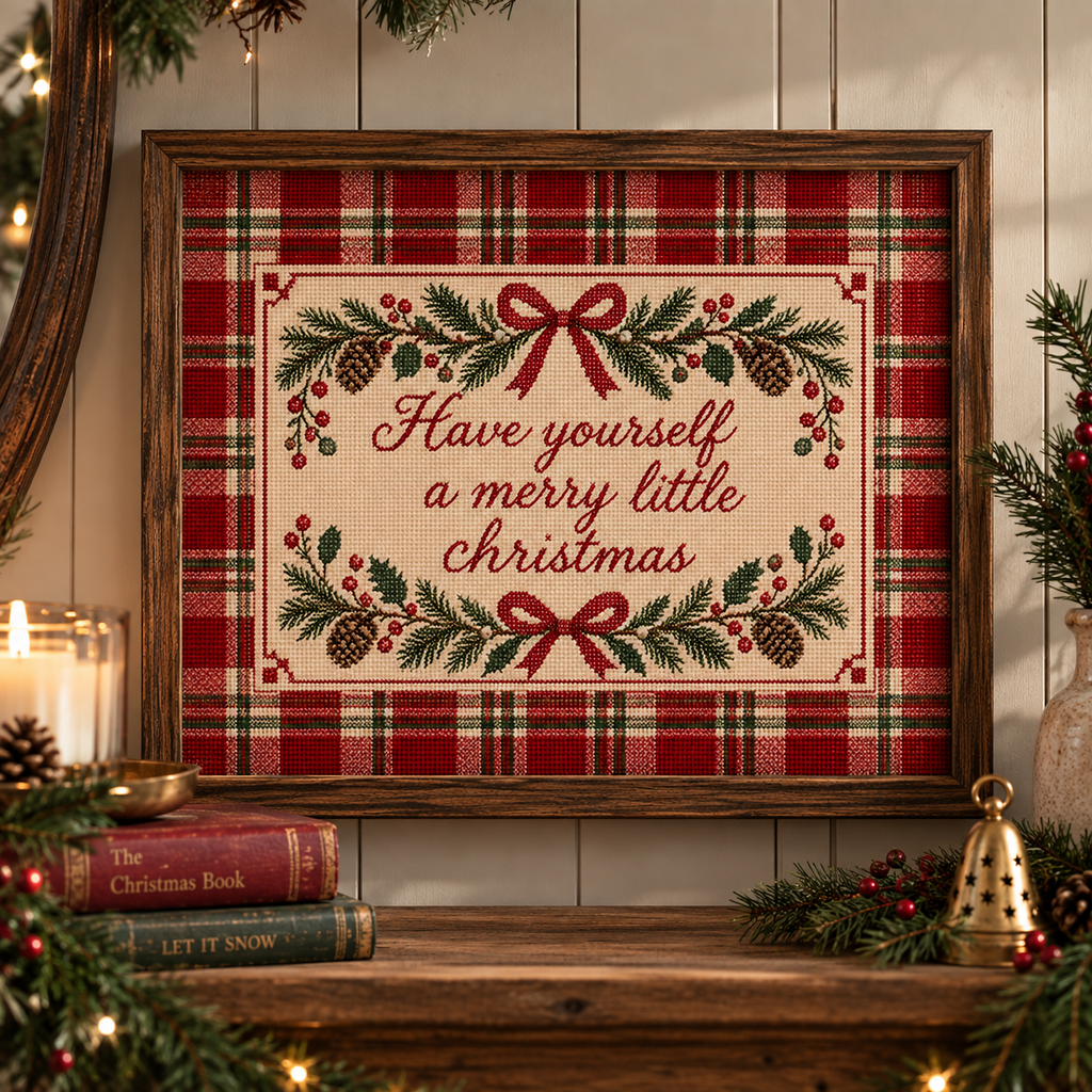 Have Yourself a Merry Little Christmas Print | Cross Stitch Tartan Christmas Wall Art