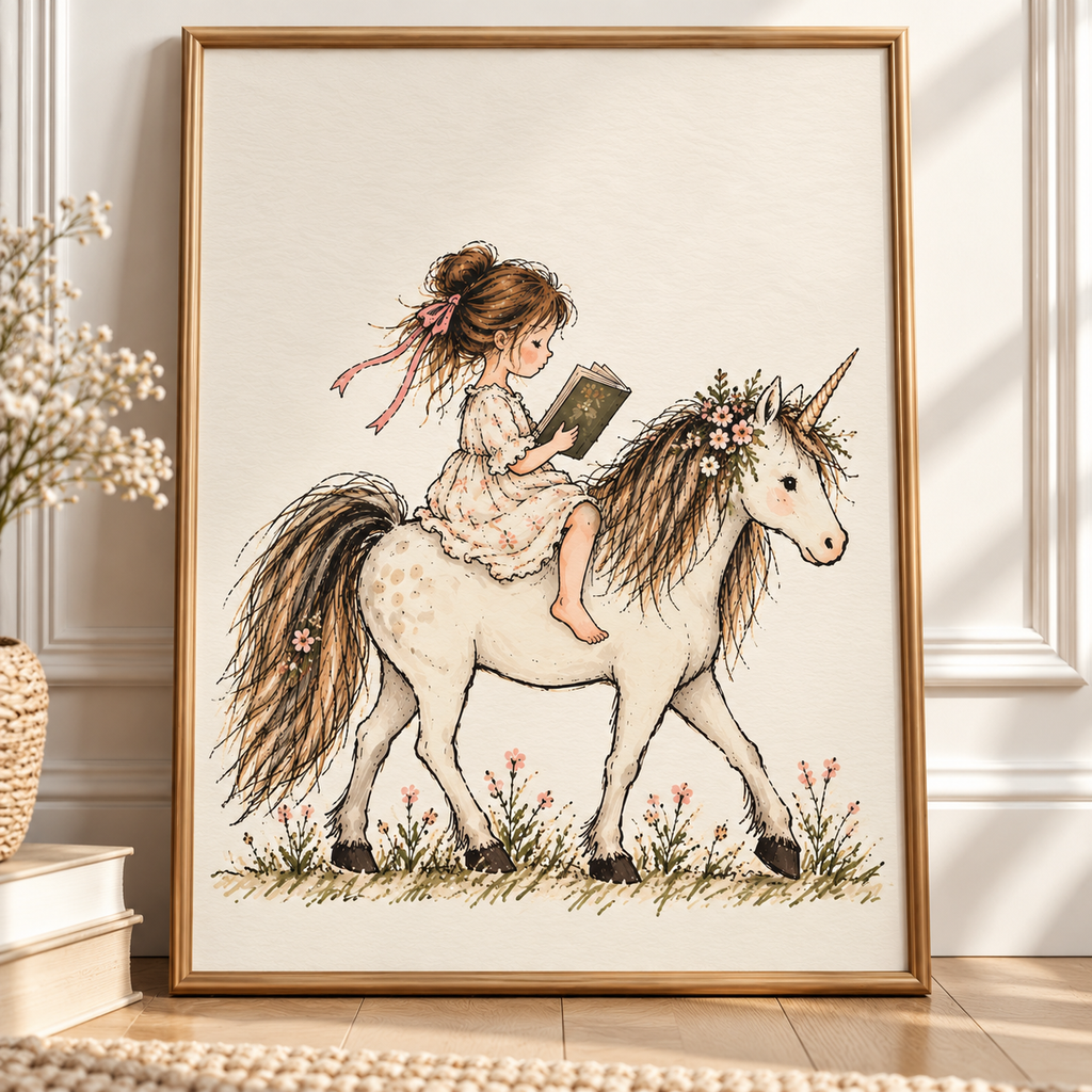 The Little Storyteller – Girl Reading on a Unicorn Nursery Wall Art Print