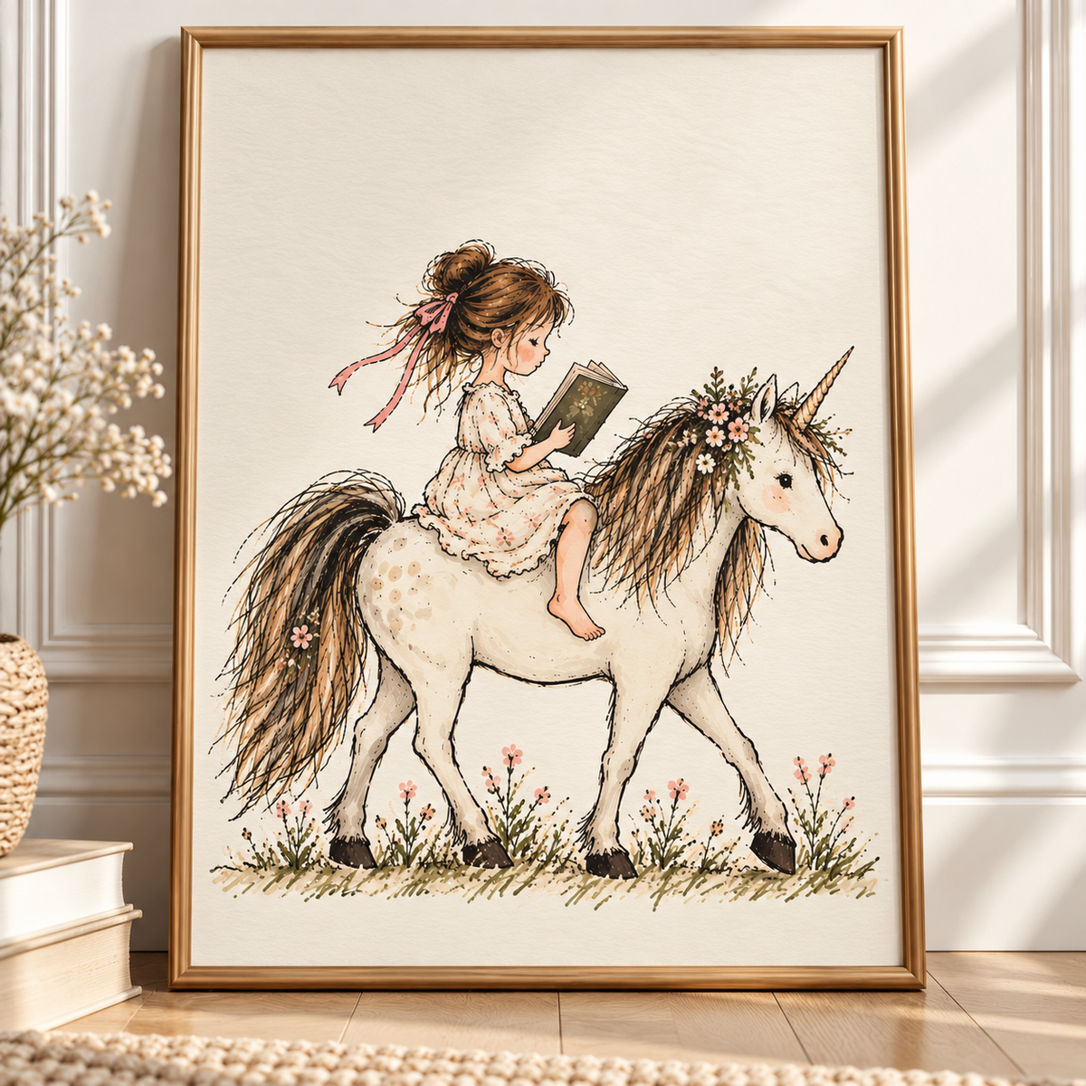 The Little Storyteller – Girl Reading on a Unicorn Nursery Wall Art Print