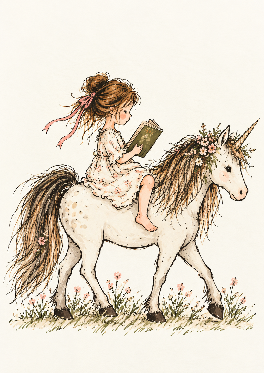 The Little Storyteller – Girl Reading on a Unicorn Nursery Wall Art Print