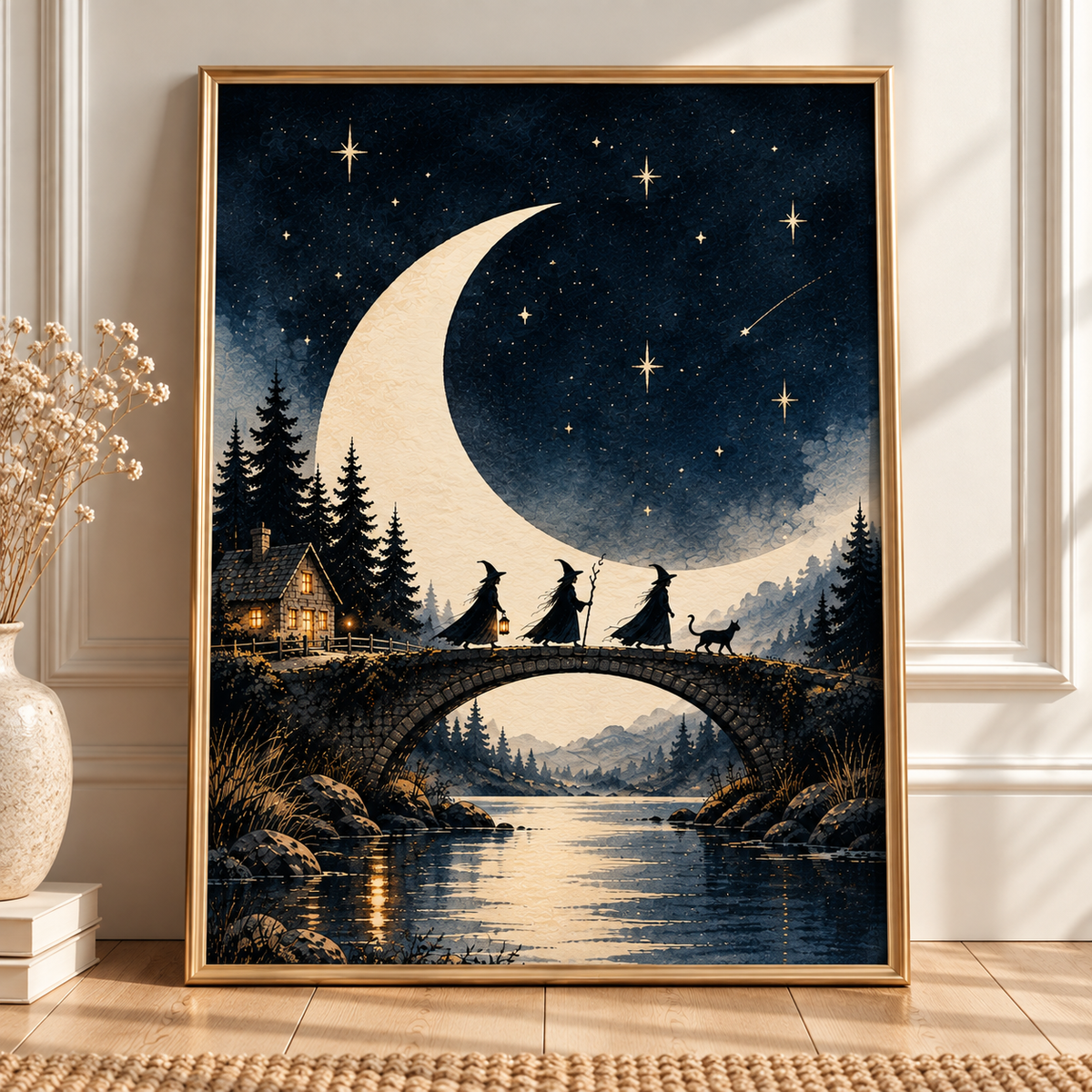 Moonlit Witches Art Print | Whimsical Celestial Witch Wall Art | Dark Cottagecore Fantasy Print
