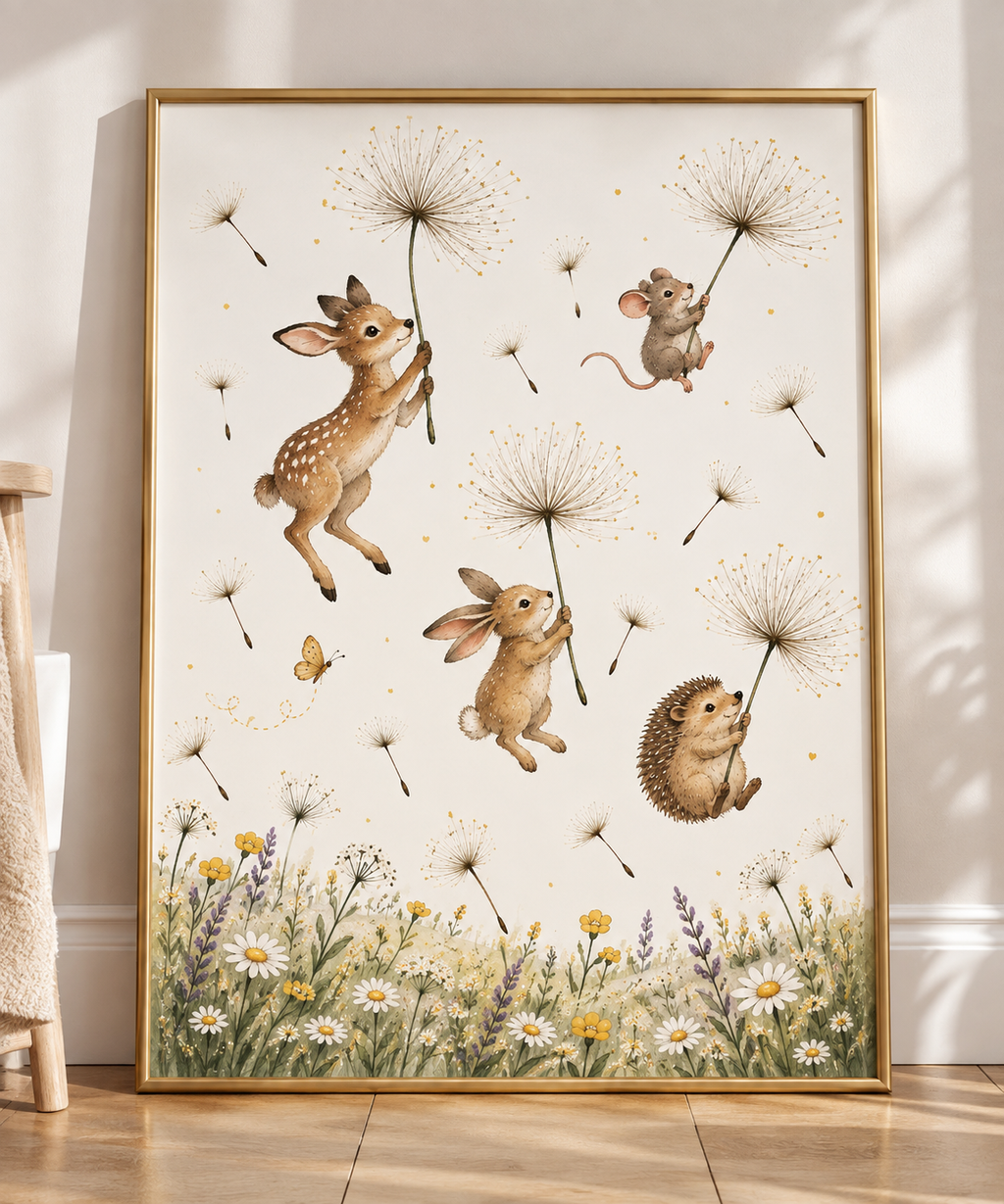 Dandelion Daydreams Woodland Nursery Print | Whimsical Animal Wall Art