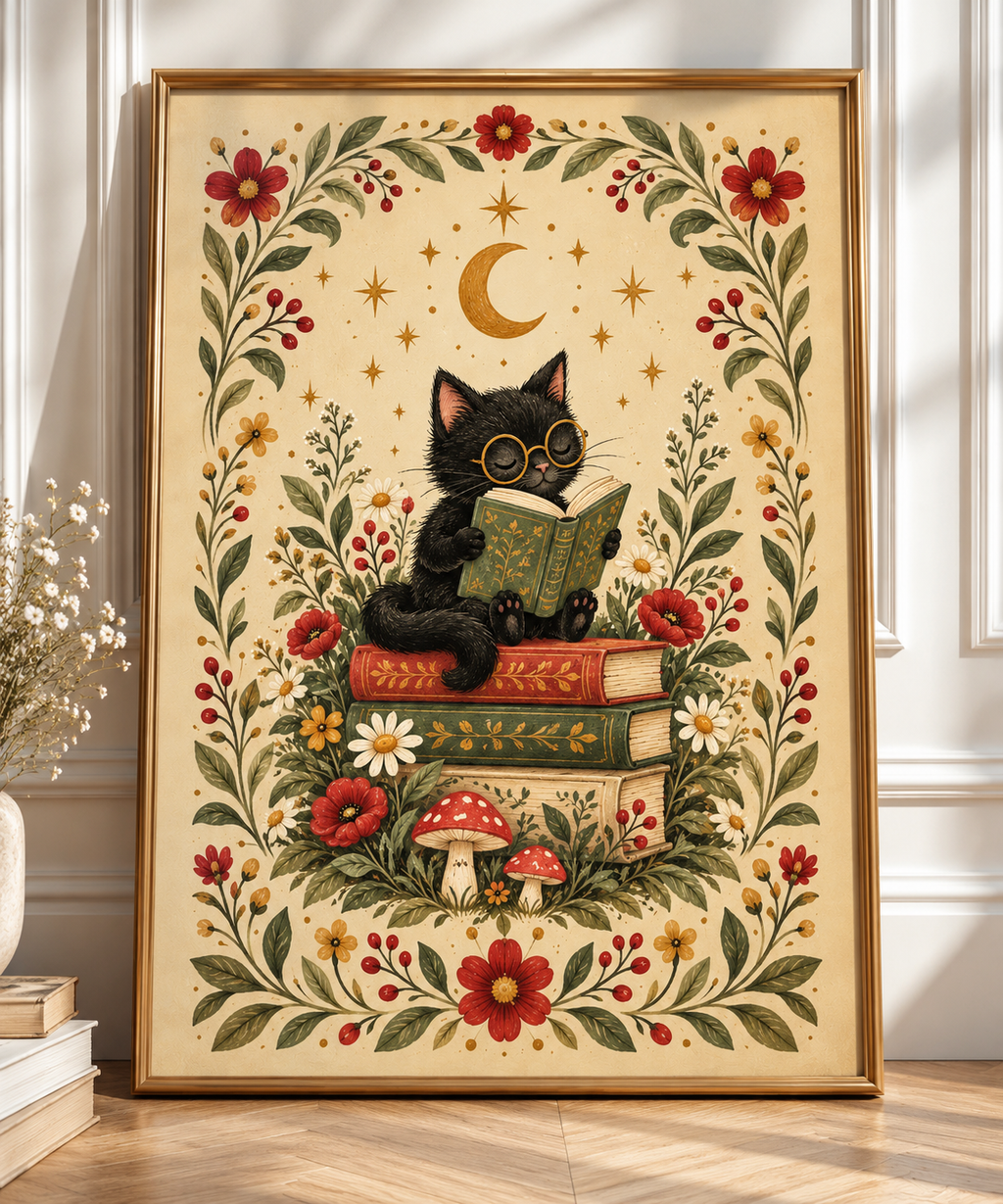 Once Upon a Whisker — Whimsical Black Cat Bookish Art Print