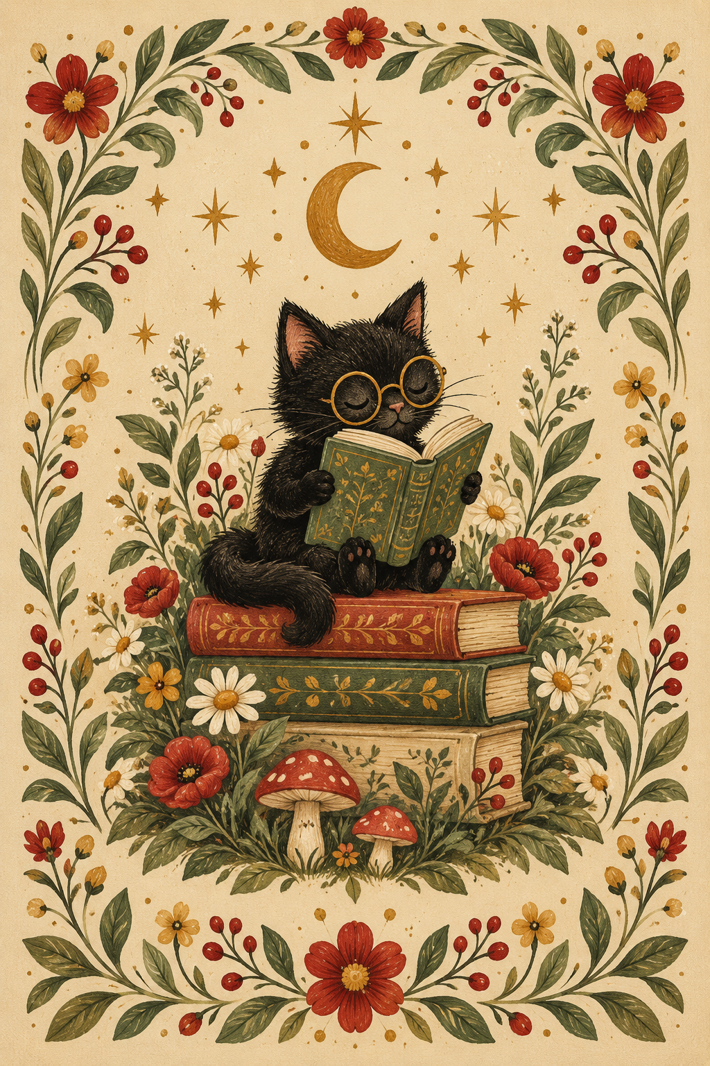 Once Upon a Whisker — Whimsical Black Cat Bookish Art Print