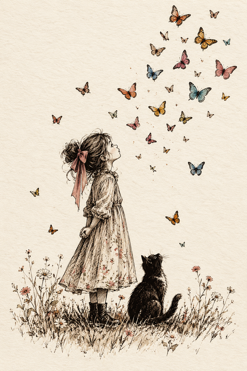 Butterfly Daydream – Vintage Girl & Black Cat Art Print | Whimsical Cottagecore Wall Art