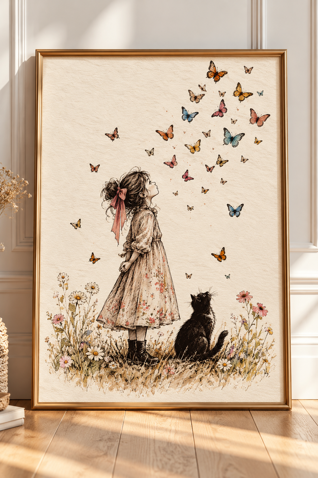 Butterfly Daydream – Vintage Girl & Black Cat Art Print | Whimsical Cottagecore Wall Art
