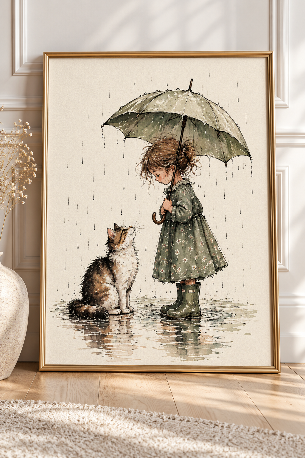 Shelter From the Rain | Girl & Cat Watercolour Wall Art Print