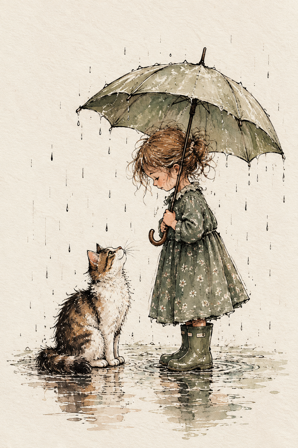Shelter From the Rain | Girl & Cat Watercolour Wall Art Print
