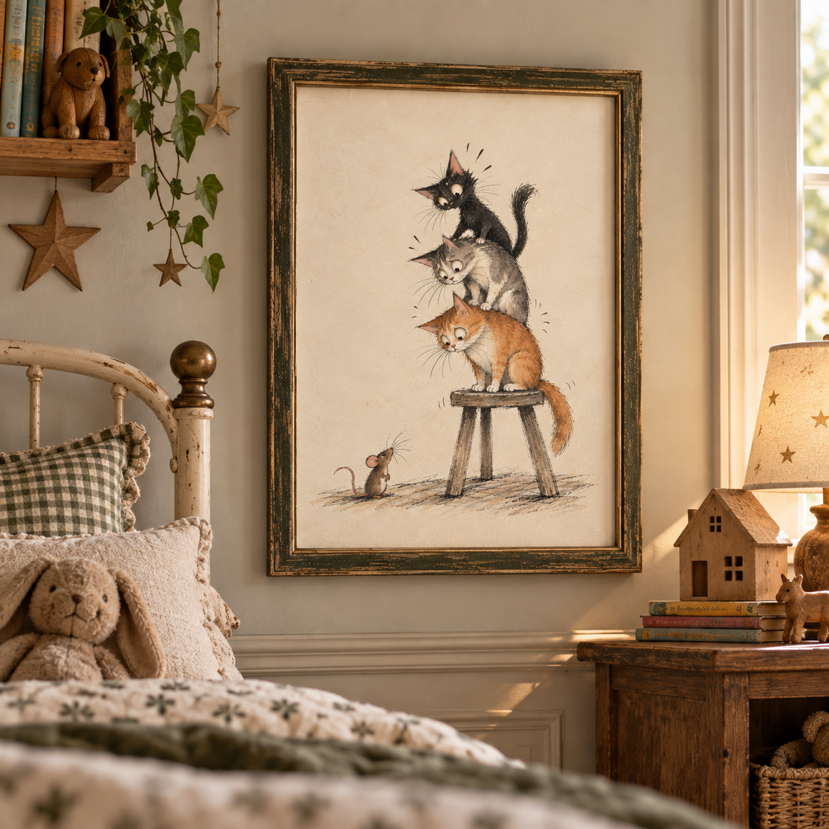 Three Scaredy Cats Art Print | Whimsical Cat & Mouse Wall Art | Vintage Storybook Print