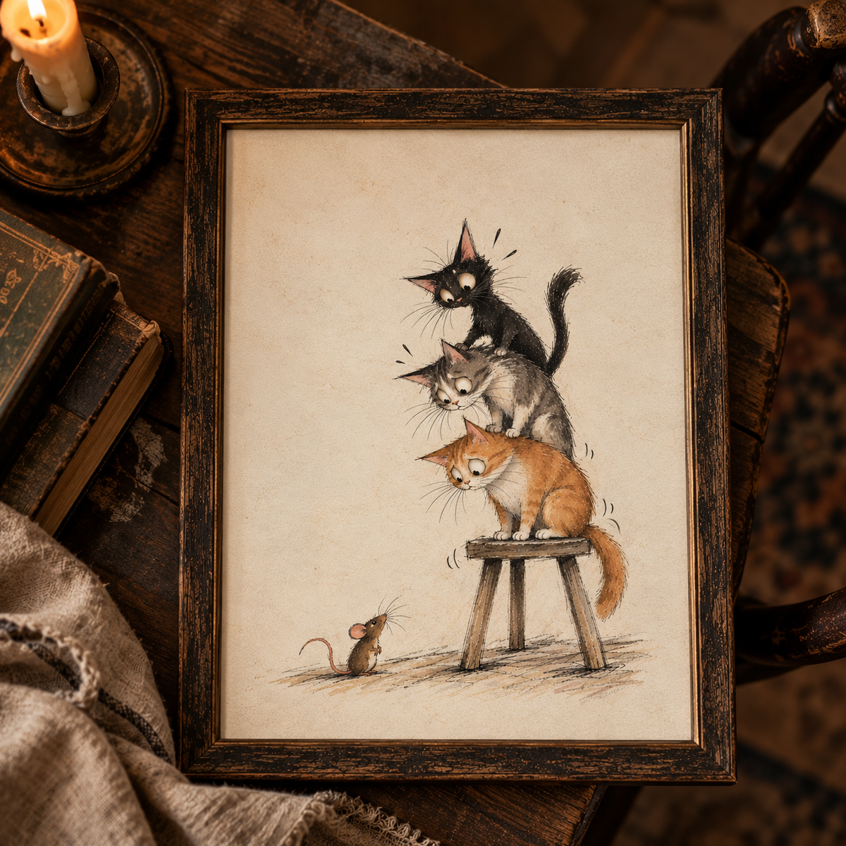 Three Scaredy Cats Art Print | Whimsical Cat & Mouse Wall Art | Vintage Storybook Print