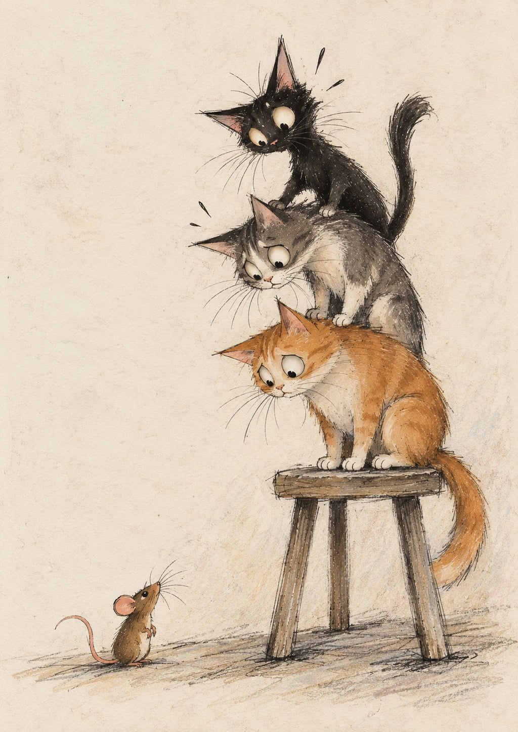 Three Scaredy Cats Art Print | Whimsical Cat & Mouse Wall Art | Vintage Storybook Print
