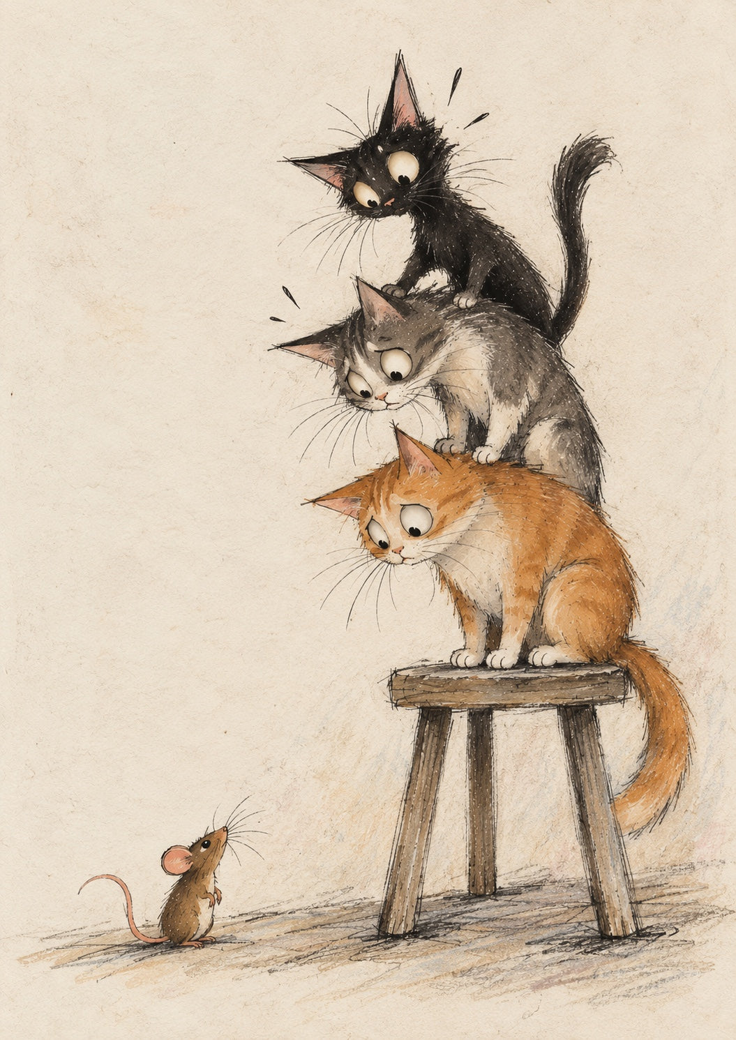 Three Scaredy Cats Art Print | Whimsical Cat & Mouse Wall Art | Vintage Storybook Print