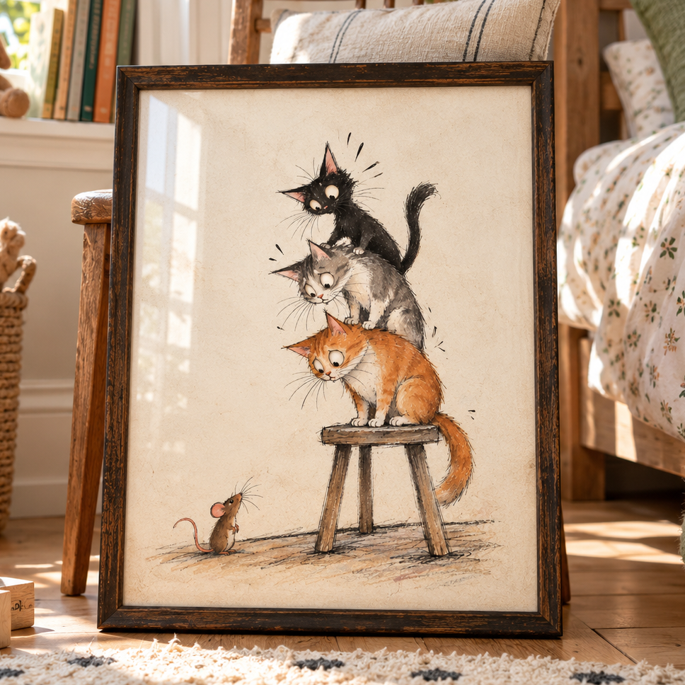 Three Scaredy Cats Art Print | Whimsical Cat & Mouse Wall Art | Vintage Storybook Print