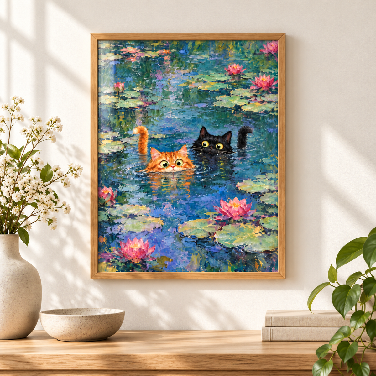 Monet Inspired Water Lilies Cat Print | Whimsical Vintage Cat Wall Art