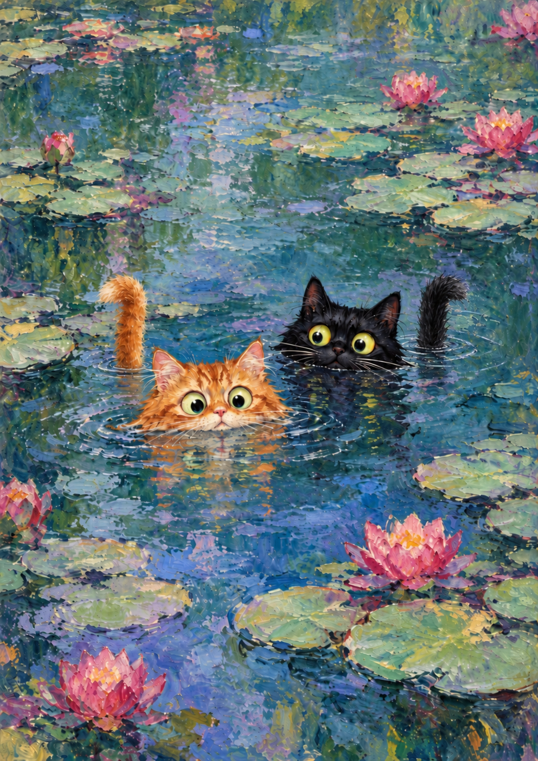 Monet Inspired Water Lilies Cat Print | Whimsical Vintage Cat Wall Art