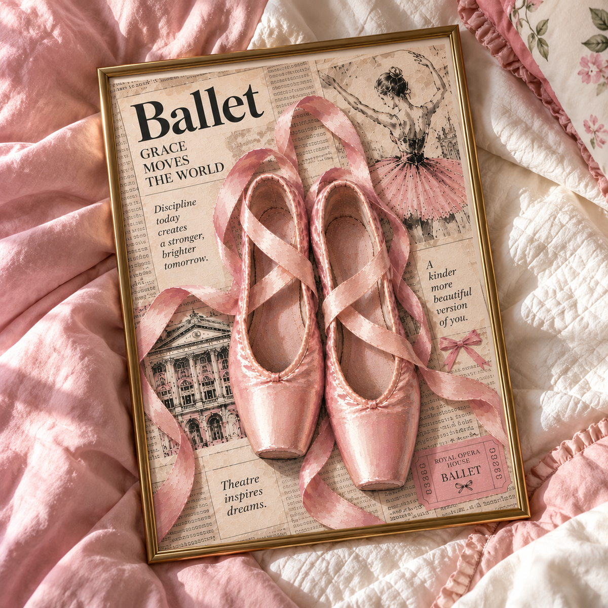Vintage Ballet Pointe Shoes Print | Pink Ballerina Wall Art