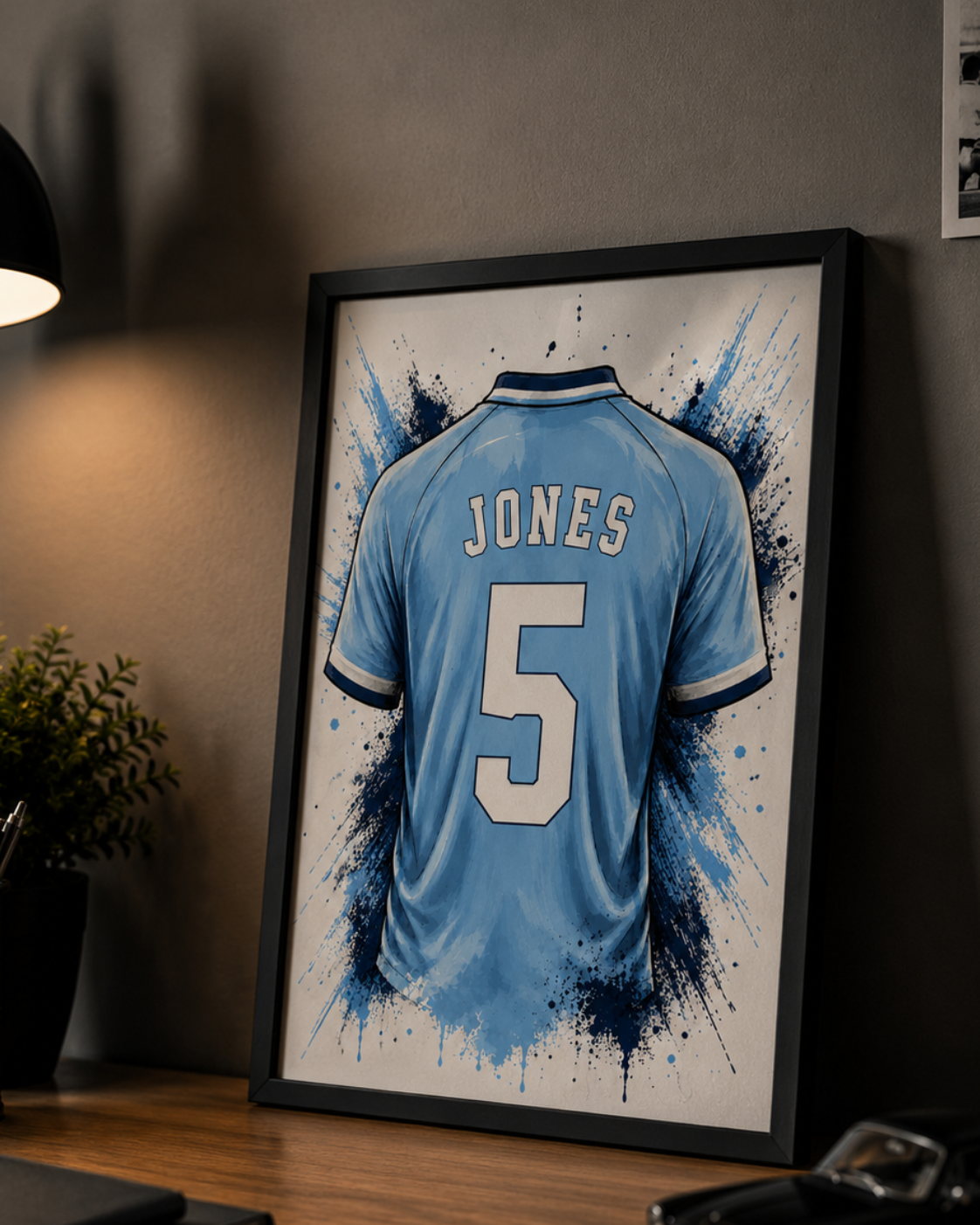 Personalised Sky Blue Football Shirt Print | Custom Name & Number Wall Art