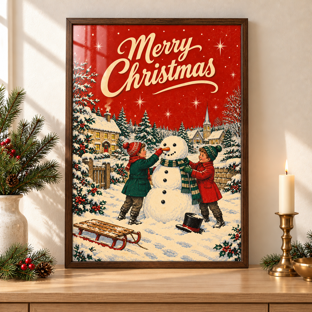 Vintage Christmas Snowman Print | Nostalgic Children Winter Wall Art