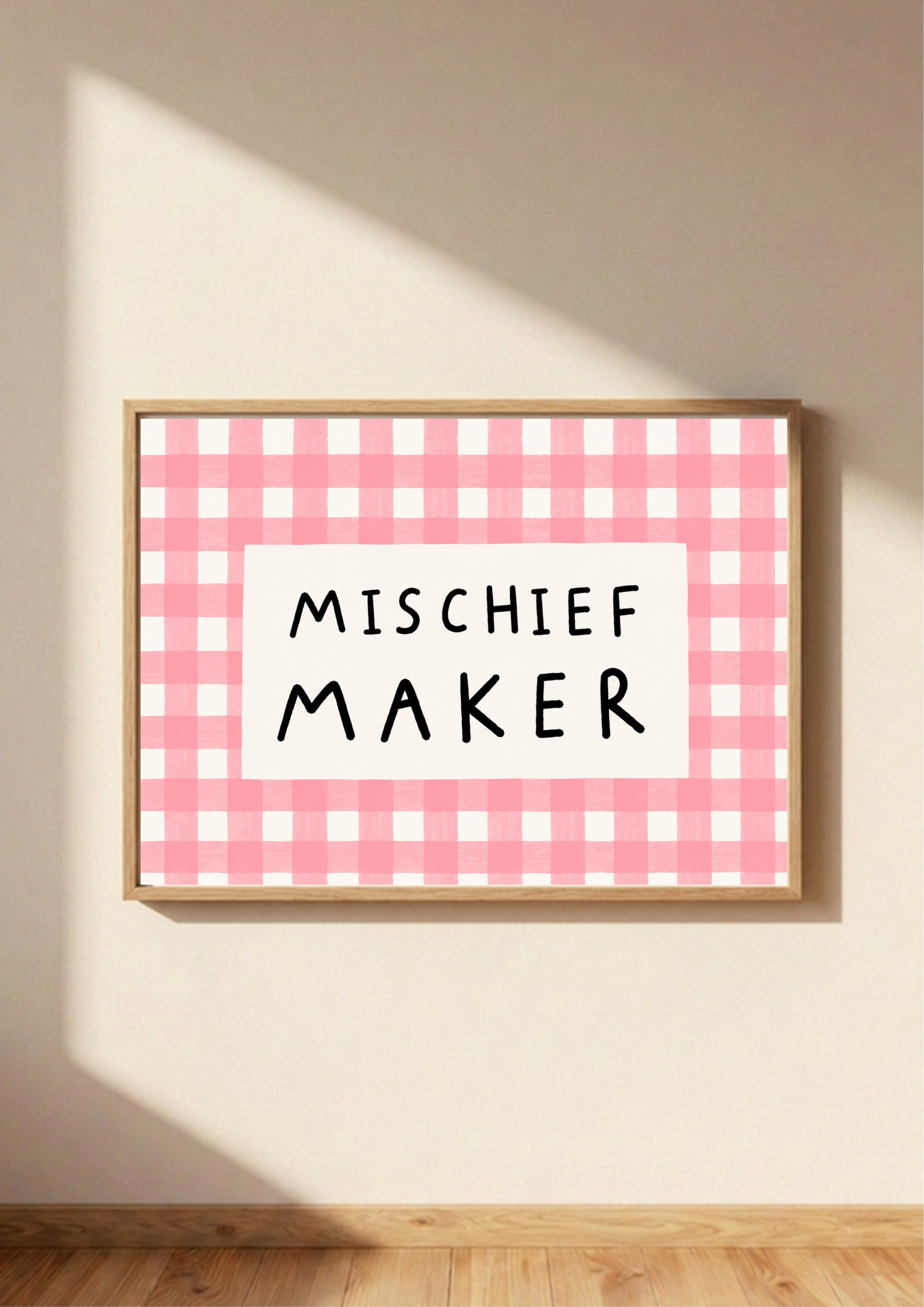 Mischief Maker Print | Pink Gingham Kids Wall Art