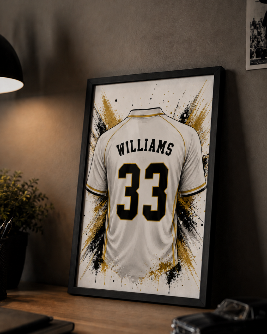 Personalised White & Gold Football Shirt Print | Custom Name & Number Wall Art