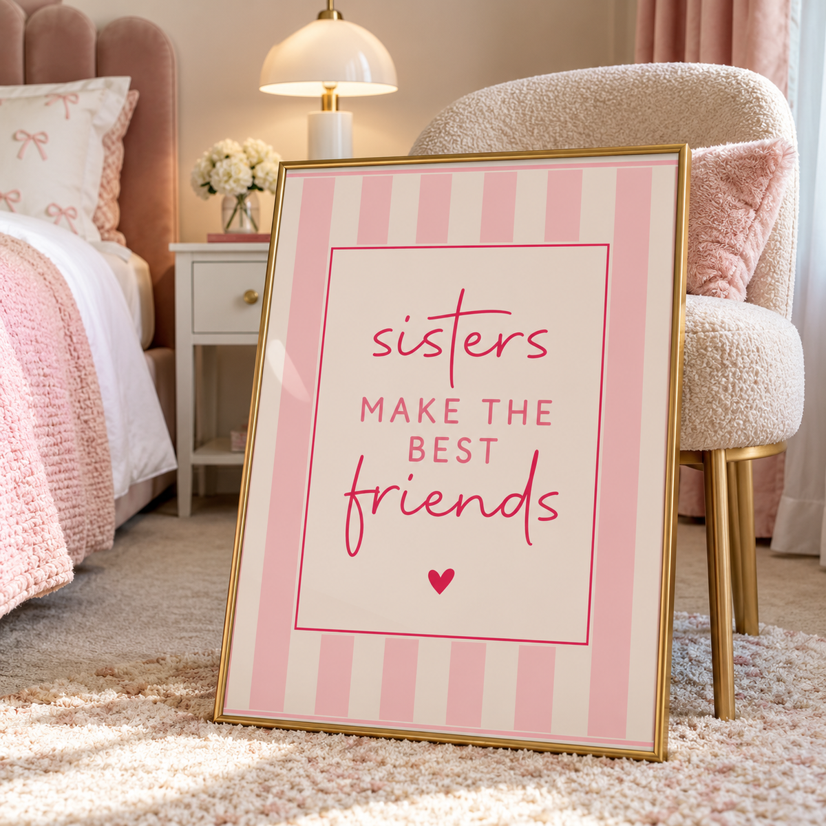Sisters Make the Best Friends Print – Pink Striped Sister Quote Wall Art
