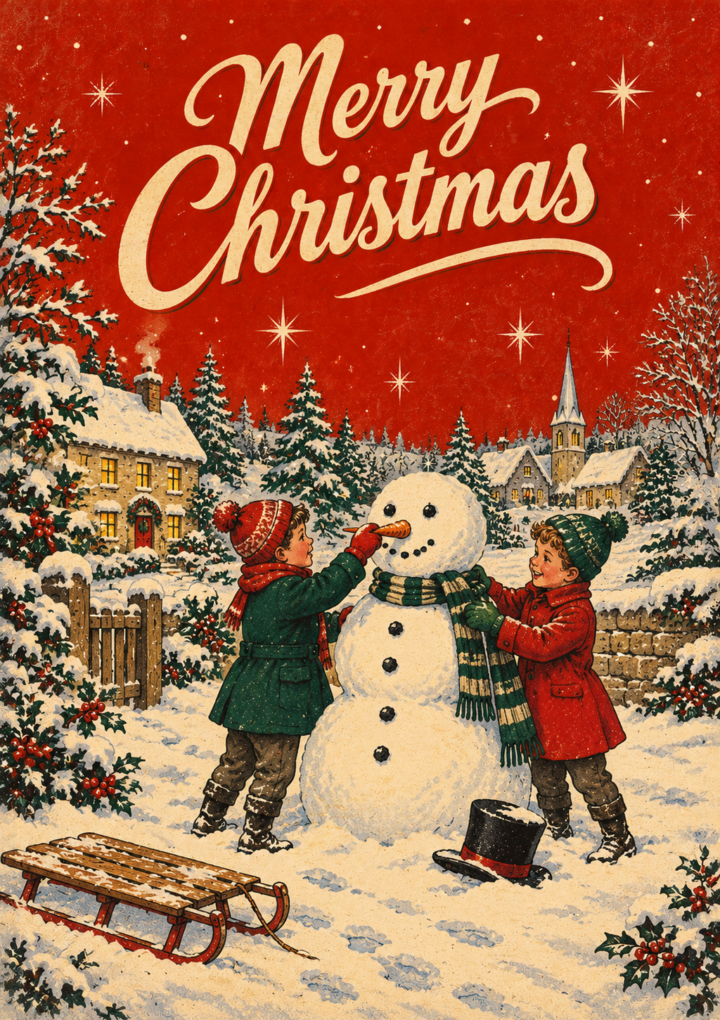 Vintage Christmas Snowman Print | Nostalgic Children Winter Wall Art