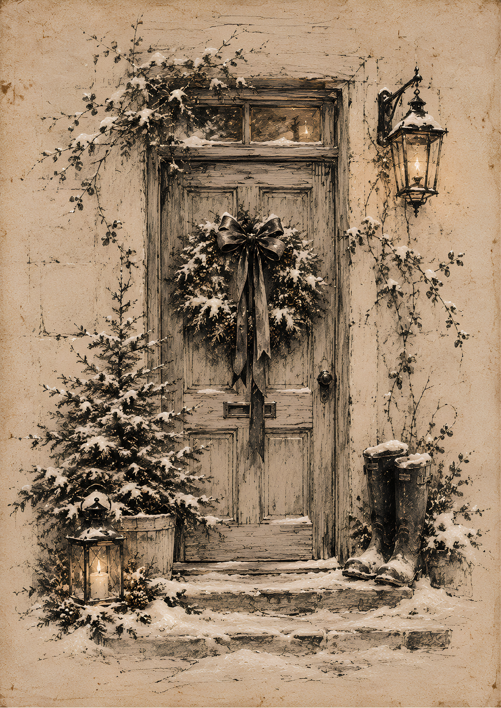Winter at the Door | Vintage Christmas Art Print | Rustic Festive Wall Art
