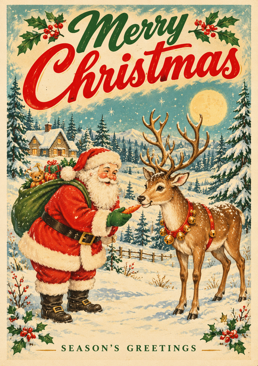 Vintage Santa & Reindeer Christmas Print | Retro Father Christmas Wall Art