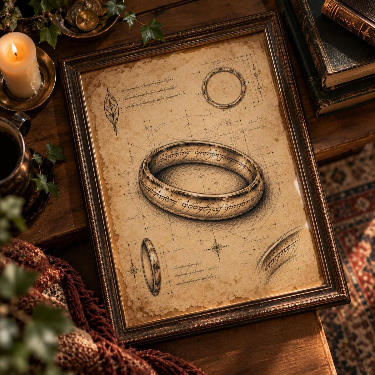 Fantasy Ring Blueprint Art Print, Vintage Parchment Wall Art, Dark Academia Fantasy Poster
