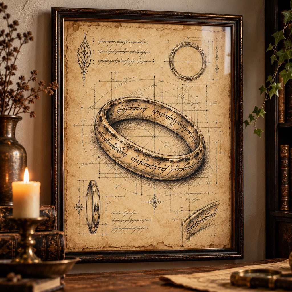 Fantasy Ring Blueprint Art Print, Vintage Parchment Wall Art, Dark Academia Fantasy Poster