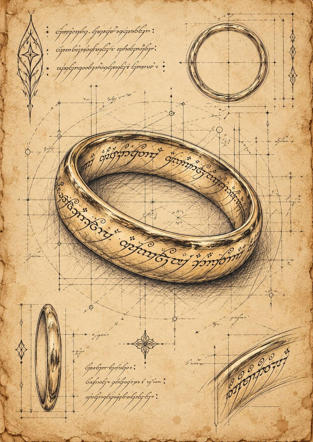 Fantasy Ring Blueprint Art Print, Vintage Parchment Wall Art, Dark Academia Fantasy Poster