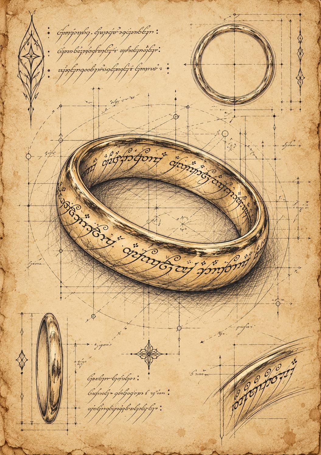 Fantasy Ring Blueprint Art Print, Vintage Parchment Wall Art, Dark Academia Fantasy Poster