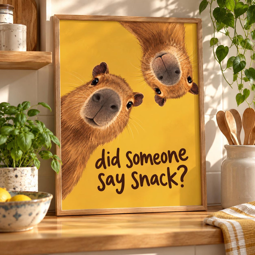 Capybara Yellow Kitchen Print, Did Someone Say Snack Poster, Funny Capybara Wall Art, Quirky Kitchen Decor, Cute Animal Print, Foodie Gift